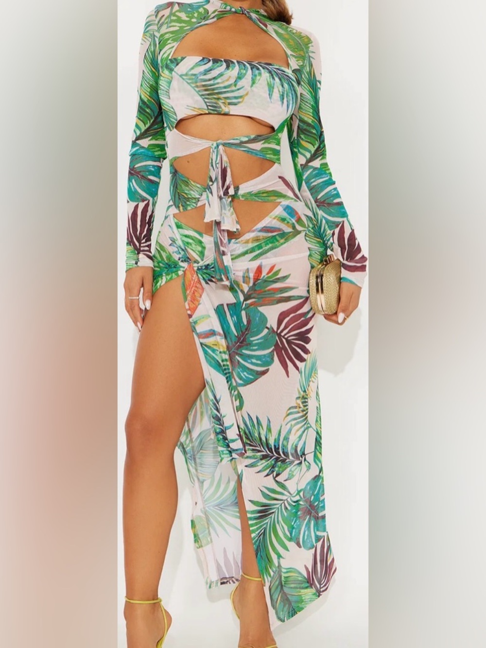 Tropical Leaf Cutout Maxi Dress in Green